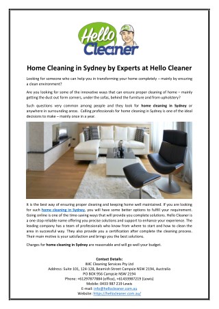 Home Cleaning in Sydney by Experts at Hello Cleaner