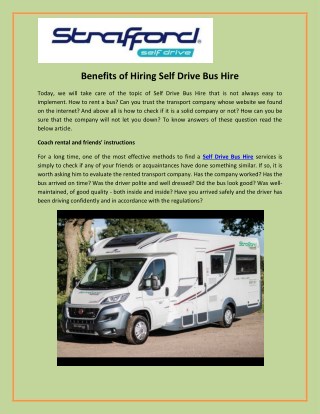 Benefits of Hiring Self Drive Bus Hire