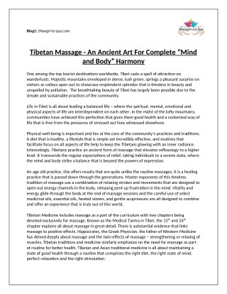 Tibetan Massage - An Ancient Art For Complete “Mind and Body” Harmony