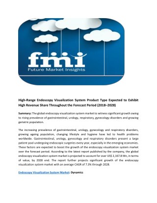 High-Range Endoscopy Visualization System Product Type Expected to Exhibit High Revenue Share Throughout the Forecast Pe