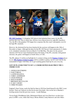 346 Players on the IPL 2019 Auctions List