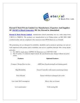 10.0 KVA Diesel Generator, DG Set, Eternal Gensets | Eternal E Mech Private Limited