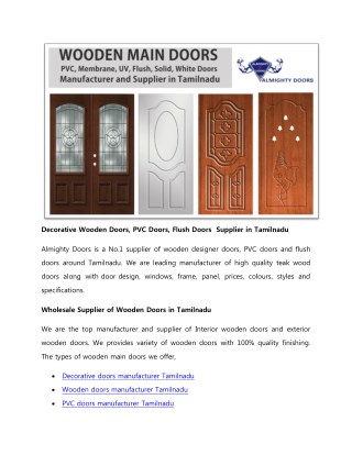 Decorative Wooden Doors, PVC Doors, Flush Doors Supplier in Tamilnadu
