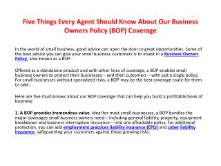Five Things Every Agent Should Know About Our Business Owners Policy (BOP) Coverage