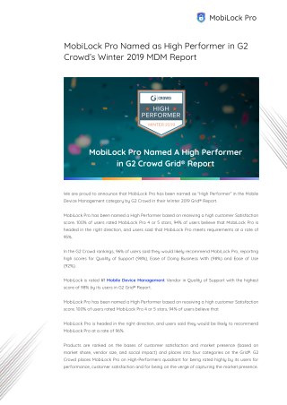 MobiLock Pro Named as High Performer in G2 Crowd’s Winter 2019 MDM Report