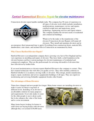 Contact Connecticut Elevator Repair for elevator maintenance