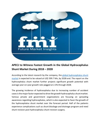 APECJ to Witness Fastest Growth in the Global Hydrocephalus Shunt Market During 2018 – 2028