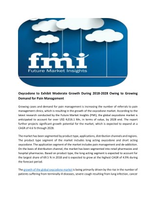 Oxycodone to Exhibit Moderate Growth During 2018-2028 Owing to Growing Demand for Pain Management