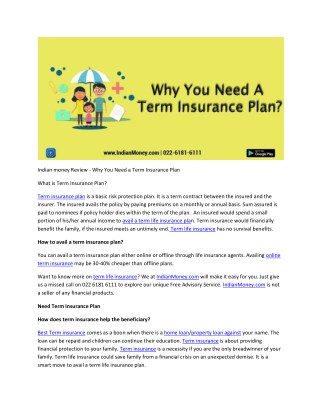 Indian money Review - Why You Need a Term Insurance Plan