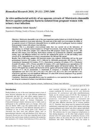 In vitro antibacterial activity of an aqueous extracts of Matricaria chmomilla flowers against pathogenic bacteria isola