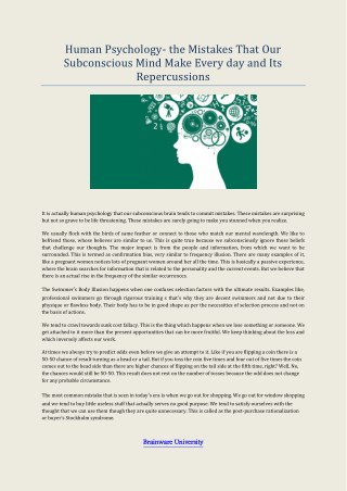 Human Psychology- the Mistakes That Our Subconscious Mind Make Every day and Its Repercussions