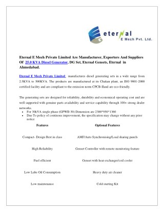 25.0 KVA Diesel Generator, DG Set, Eternal Gensets|Eternal E Mech Private Limited