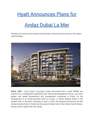 Hyatt Announces Plans for Andaz Dubai La Mer