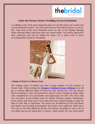 Order the Picture Perfect Wedding Gowns in Brisbane