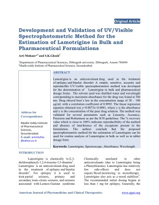 Development and Validation of UV/Visible Spectrophotometric Method for the Estimation of Lamotrigine in Bulk and Pharmac