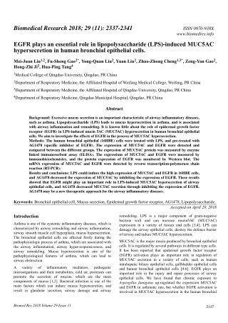 EGFR plays an essential role in lipopolysaccharide (LPS)-induced MUC5AC hypersecretion in human bronchial epithelial cel