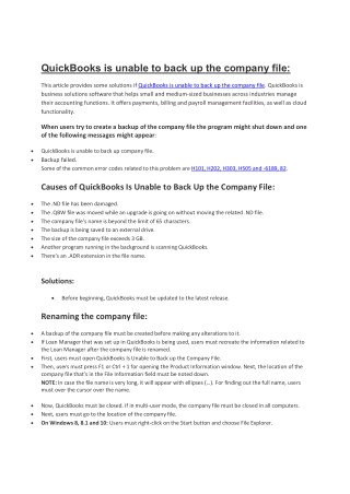 QuickBooks is unable to back up the company file: