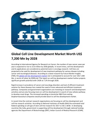 Global Cell Line Development Market Worth US$ 7,200 Mn by 2028