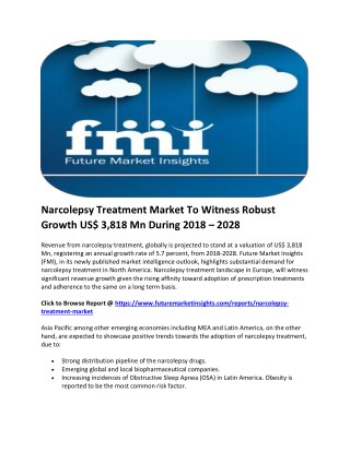 Narcolepsy Treatment Market To Witness Robust Growth US$ 3,818 Mn During 2018 – 2028