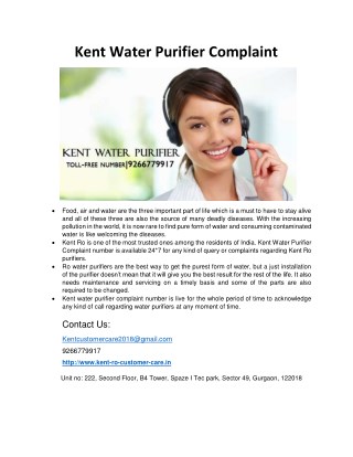 Kent Water Purifier Complaint Number