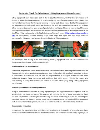 Factors to Check for Selection of Lifting Equipment Manufacturer!