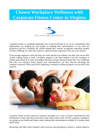 Choose Workplace Wellnesss with Corporate Fitness Center in Virginia