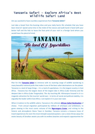 Tanzania Safari – Explore Africa’s Best Wildlife Safari Land