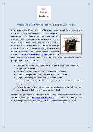 Useful Tips To Provide Safety To The Transformers