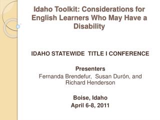Idaho Toolkit: Considerations for English Learners Who May Have a Disability