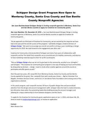 Schipper Design Grant Program Now Open to Monterey County, Santa Cruz County and San Benito County Nonprofit Agencies