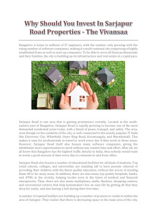 Why Should You Invest In Sarjapur Road Properties? - The Vivansaa