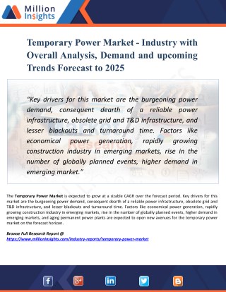 Temporary Power Market Size,Growth,Analysis,Applications,Opportunities, and Forecasts to 2025