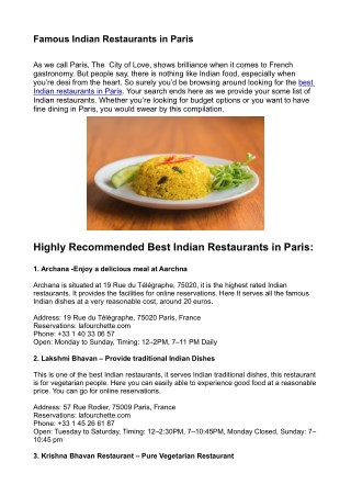 Famous Indian Restaurants in Paris