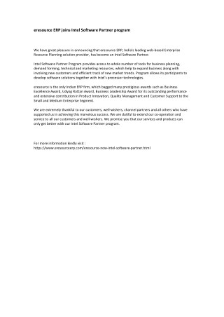eresource ERP joins Intel Software Partner program