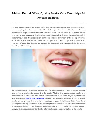 Mehan Dental Offers Quality Dental Care Cambridge At Affordable Rates