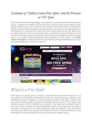 Evolution of Online Casino Free Spins And Its Presence at 123 Spins