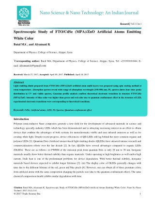 Spectroscopic Study of FTO/CdSe (MPA)/ZnO Artificial Atoms Emitting White Color