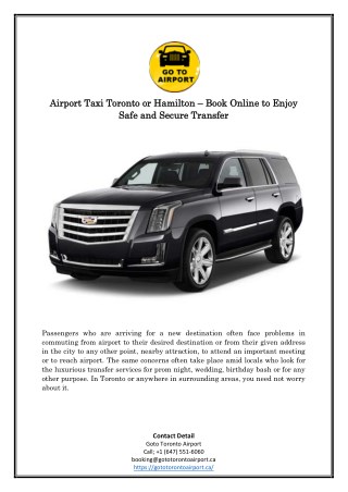 Airport Taxi Toronto or Hamilton – Book Online to Enjoy Safe and Secure Transfer