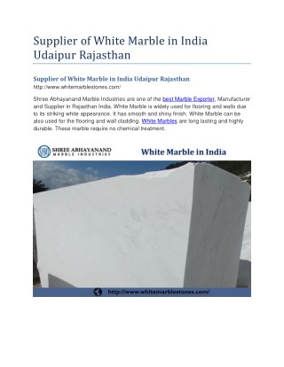 Supplier of White Marble in India Udaipur Rajasthan