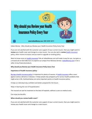 Indian Money - Why should you Review your Health Insurance Policy Every Year