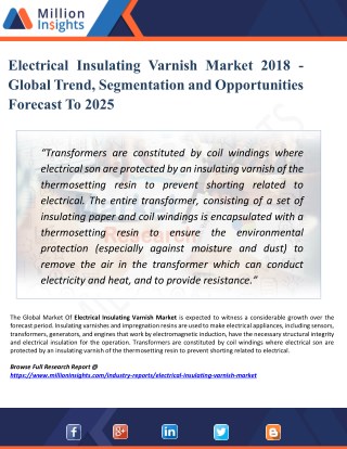Electrical Insulating Varnish Market 2025 : Industry Overview, Segment, Type, Competition, Demand, Price