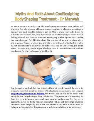 Myths And Facts About CoolSculpting Body Shaping Treatment - Dr Marwah