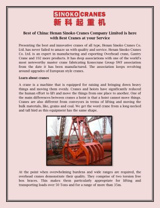 Best of China: Henan Sinoko Cranes Company Limited is Here with Best Cranes at your Service