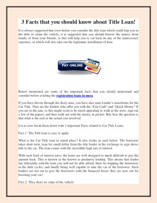 3 Facts that you should know about Title Loan