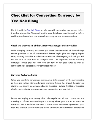 Checklist for Converting Currency by Yee Kok Siong