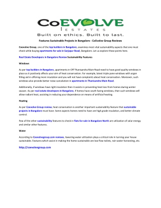Features Sustainable Projects in Bangalore - CoEvolve Group Reviews¬