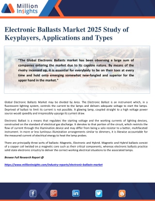 Electronic Ballasts Market 2025 Study of Keyplayers, Applications and Types