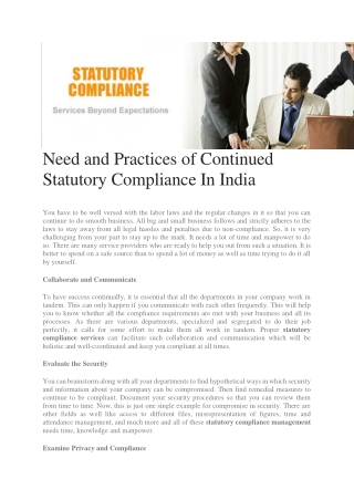 Need and Practices of Continued Statutory Compliance In India