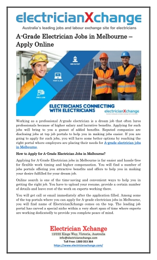 A-Grade Electrician Jobs in Melbourne – Apply Online