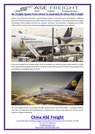 Air Freight Quote From China To Australia At China ASE Freight